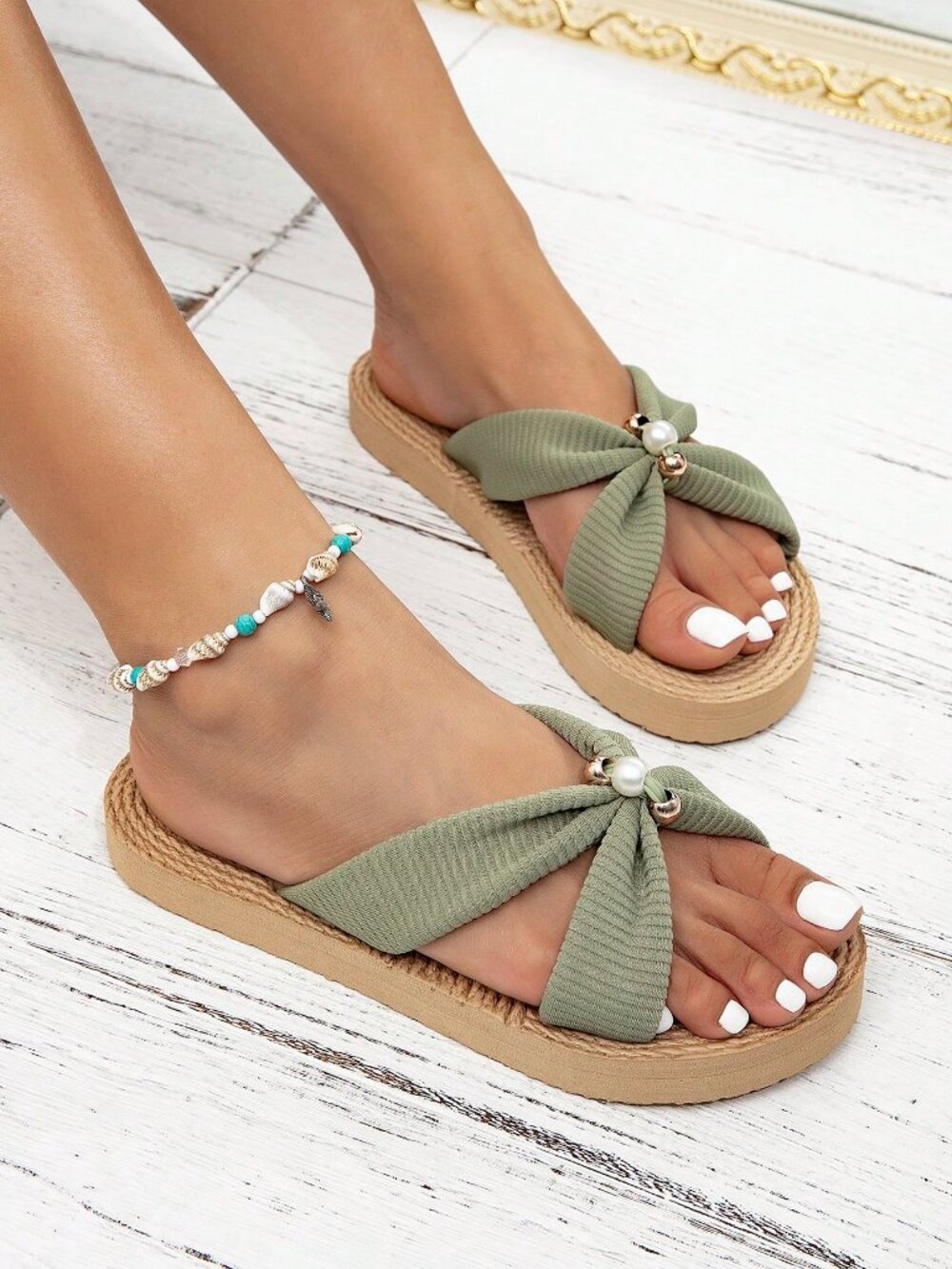 Green Bohemian Women's Flat Open Toe Sandals with Thick Rope Textured Soles - Picture 5 of 5